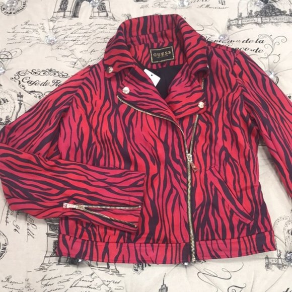 Guess Kingdom Stripe Print Red Moto Jacket - Picture 3 of 7